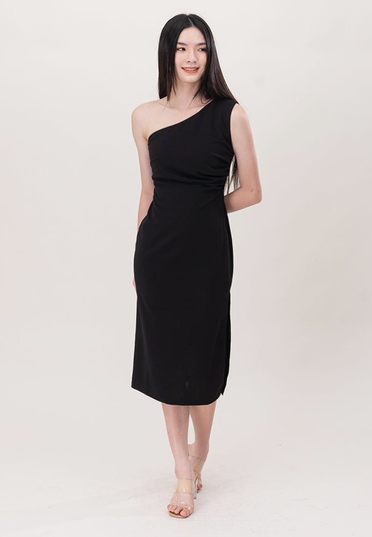 BebeBeige Polyester One Shoulder Slim Fit Midi Dinner Dress