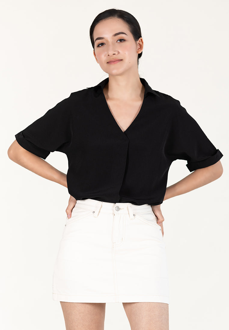 BebeBeige Collar Folded Short Sleeve Blouse Top