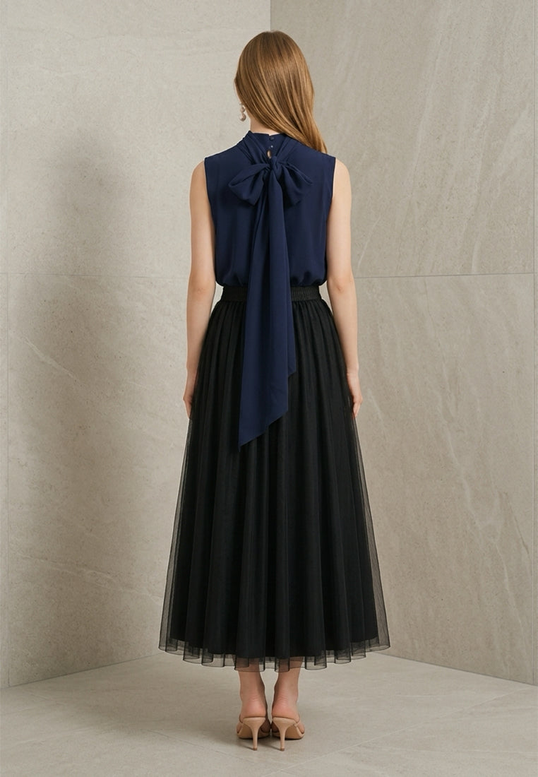 BebeBeige Fluid Pleated Mesh Tulle Midi Skirt