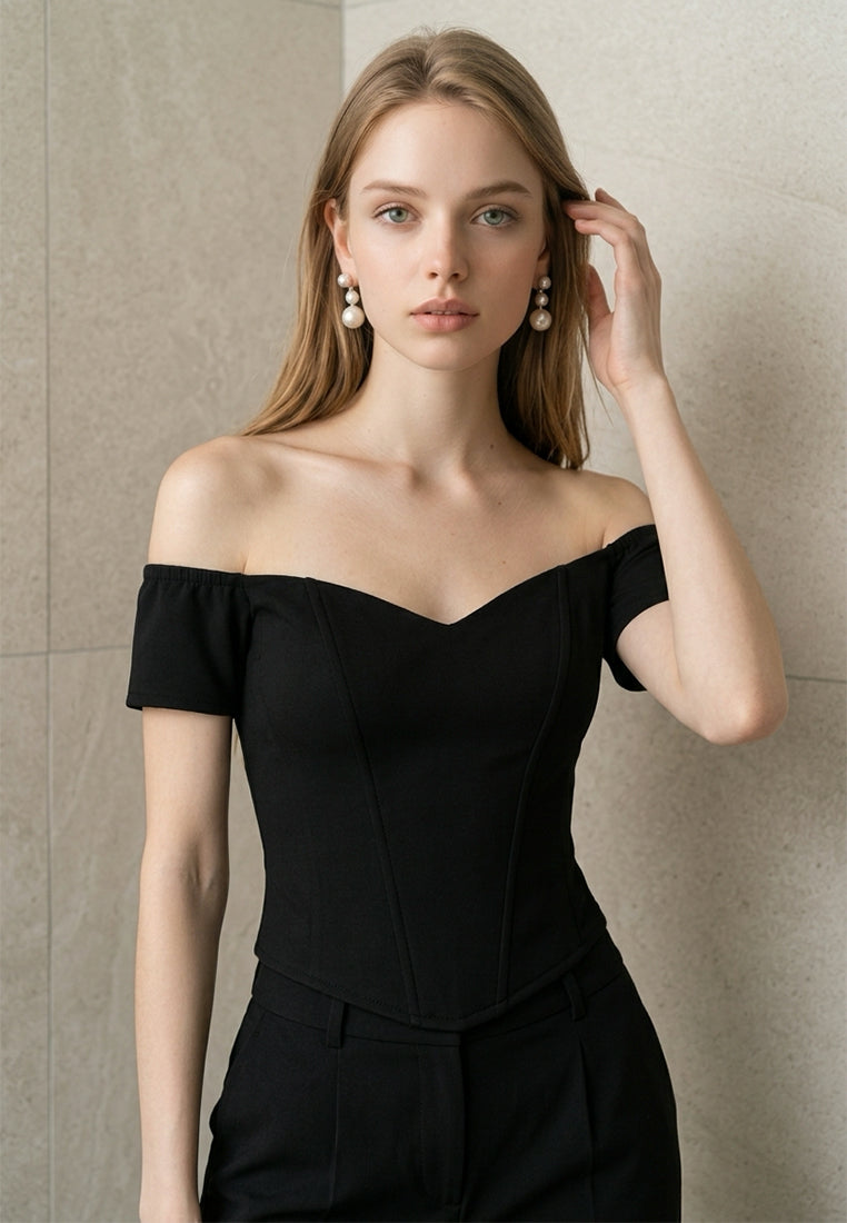 BebeBeige Off Shoulder Sweetheart Corset Top with Cap Sleeves