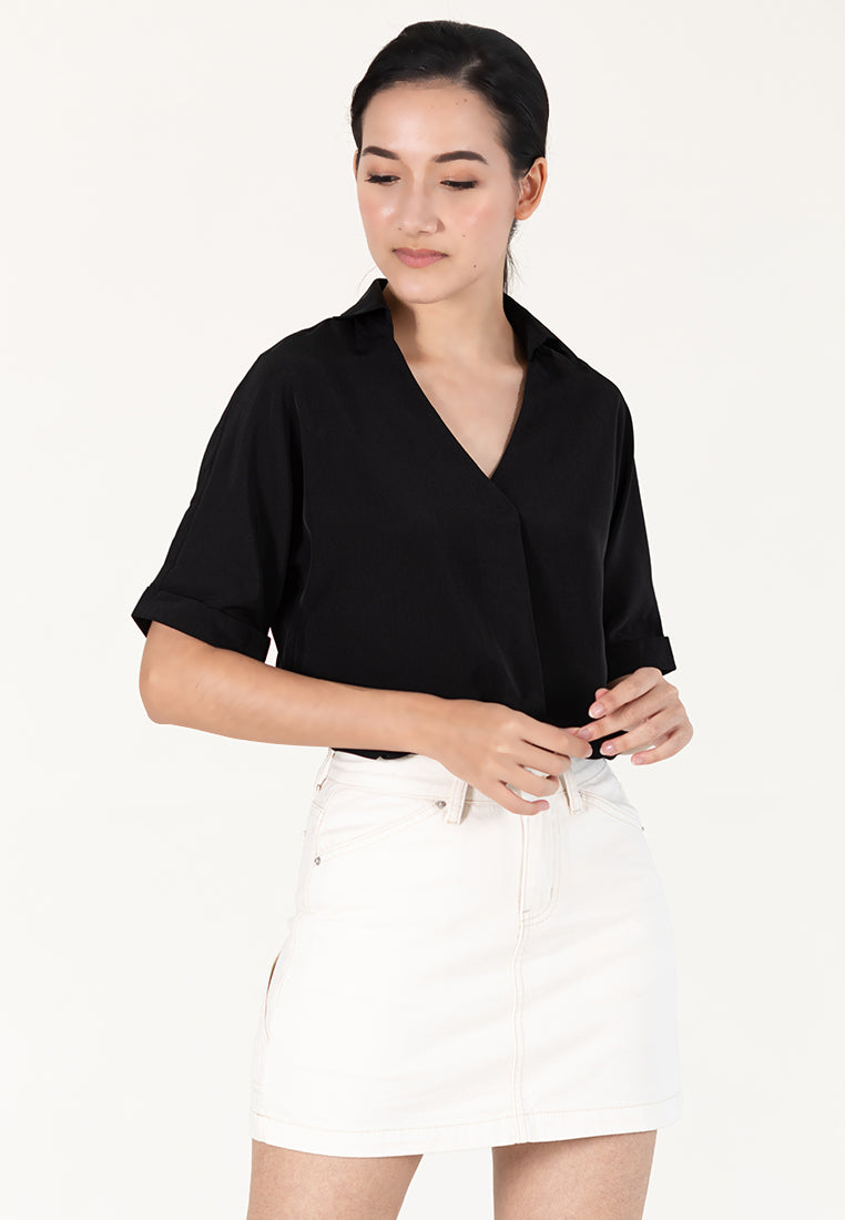 BebeBeige Collar Folded Short Sleeve Blouse Top