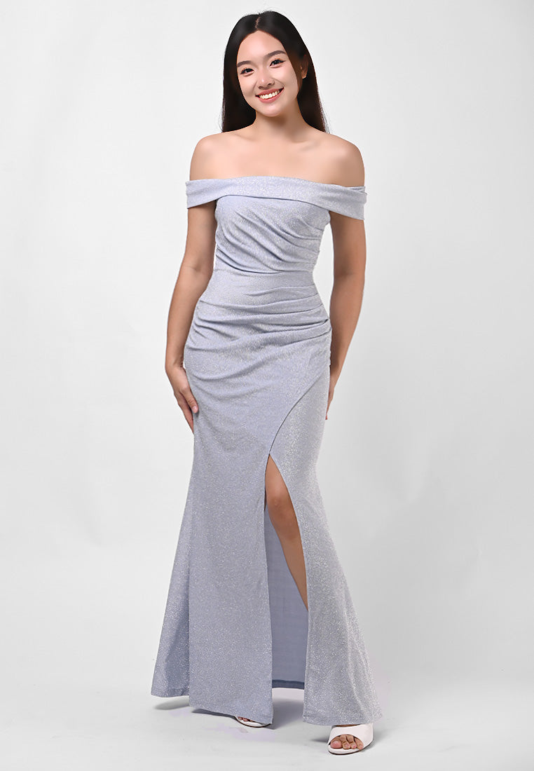 BebeBeige Off-shoulder Glitter Dinner Dress