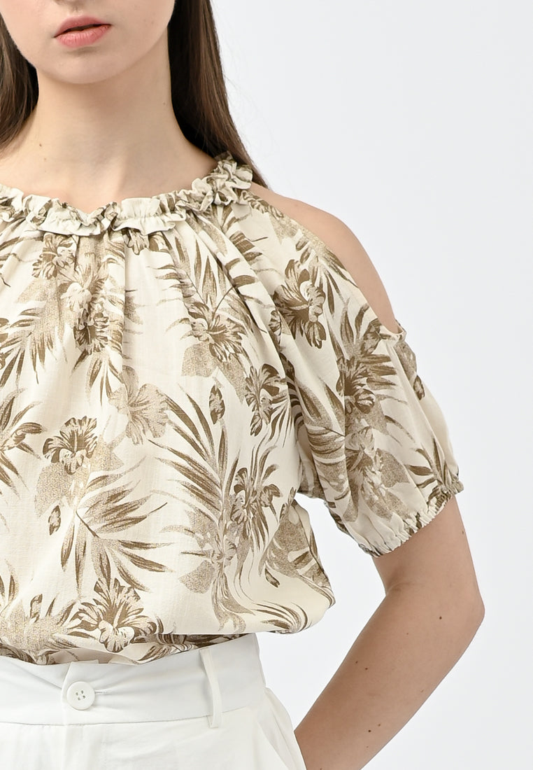 Plain B. Cold Shoulder Floral Shirt