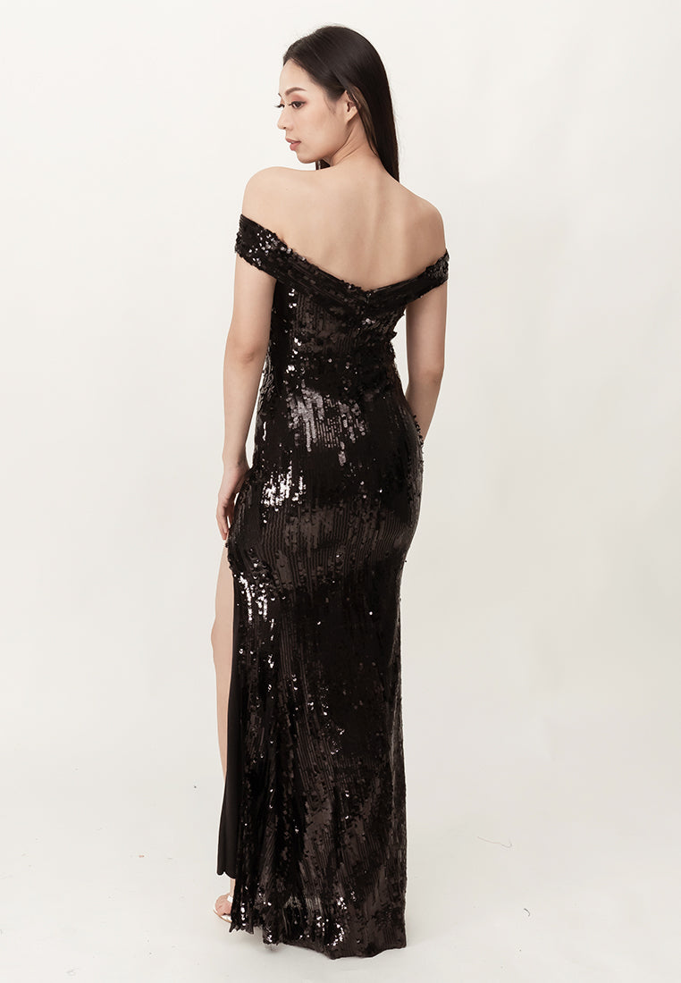 BebeBeige Off Shoulder Sequins Slim Fit Gown Maxi Dinner Dress