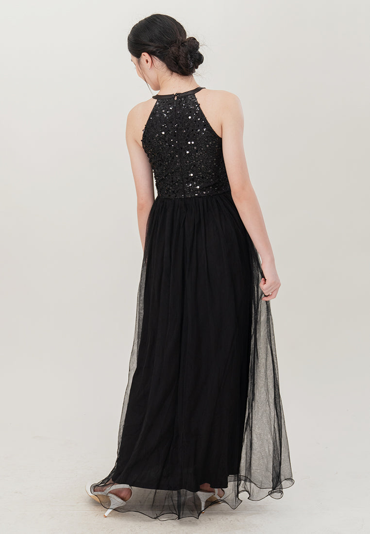 BebeBeige Halter Neck Sequins Mesh Maxi Long Dinner Dress