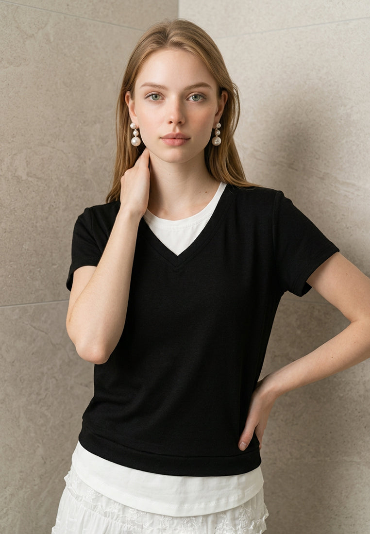 Plain B. Layered V-Neck Short Sleeve Top