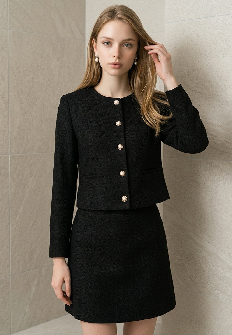 BebeBeige Collarless Pearl-Button Crop Blazer