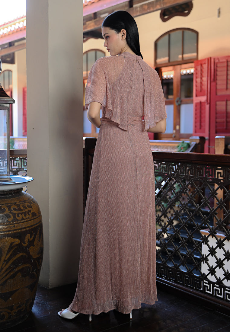 BebeButterfly Pleated Metallic Crepe Maxi Dress