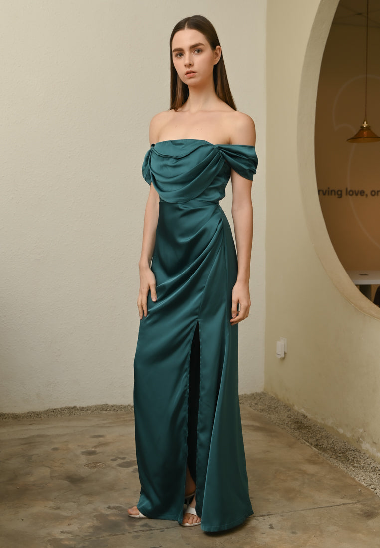 BebeBeige Off Shoulder Silk Dinner Dress