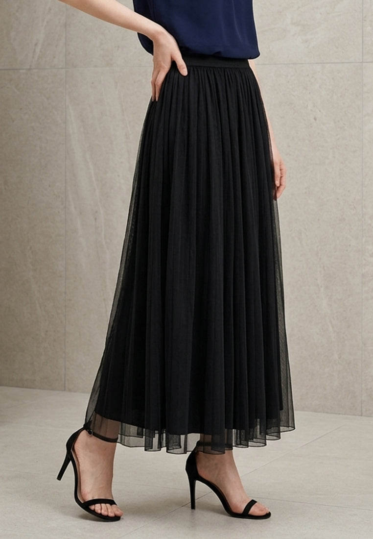 BebeBeige Fluid Pleated Mesh Tulle Midi Skirt
