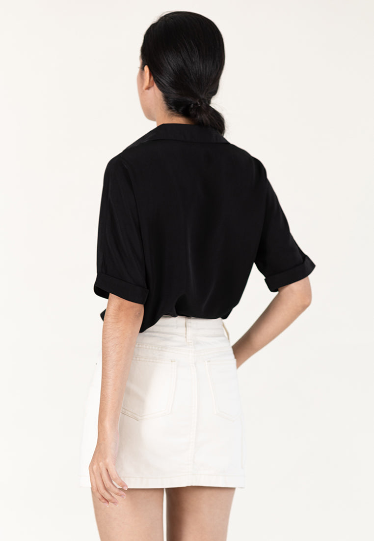 BebeBeige Collar Folded Short Sleeve Blouse Top