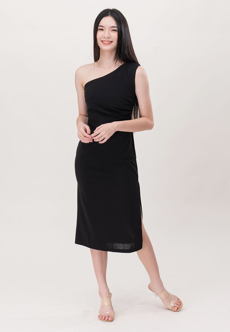 BebeBeige Polyester One Shoulder Slim Fit Midi Dinner Dress