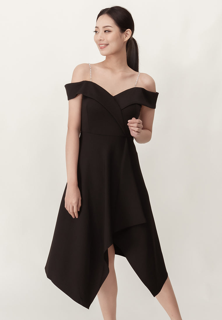 BebeBeige Off Shoulder Polyester Flared Midi Dinner Dress