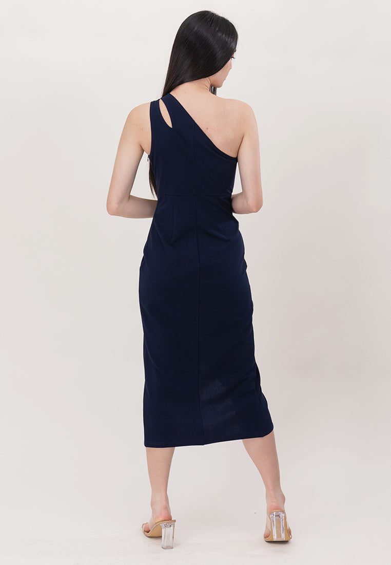 BebeBeige One Shoulder Polyester Slit On Midi Dinner Dress