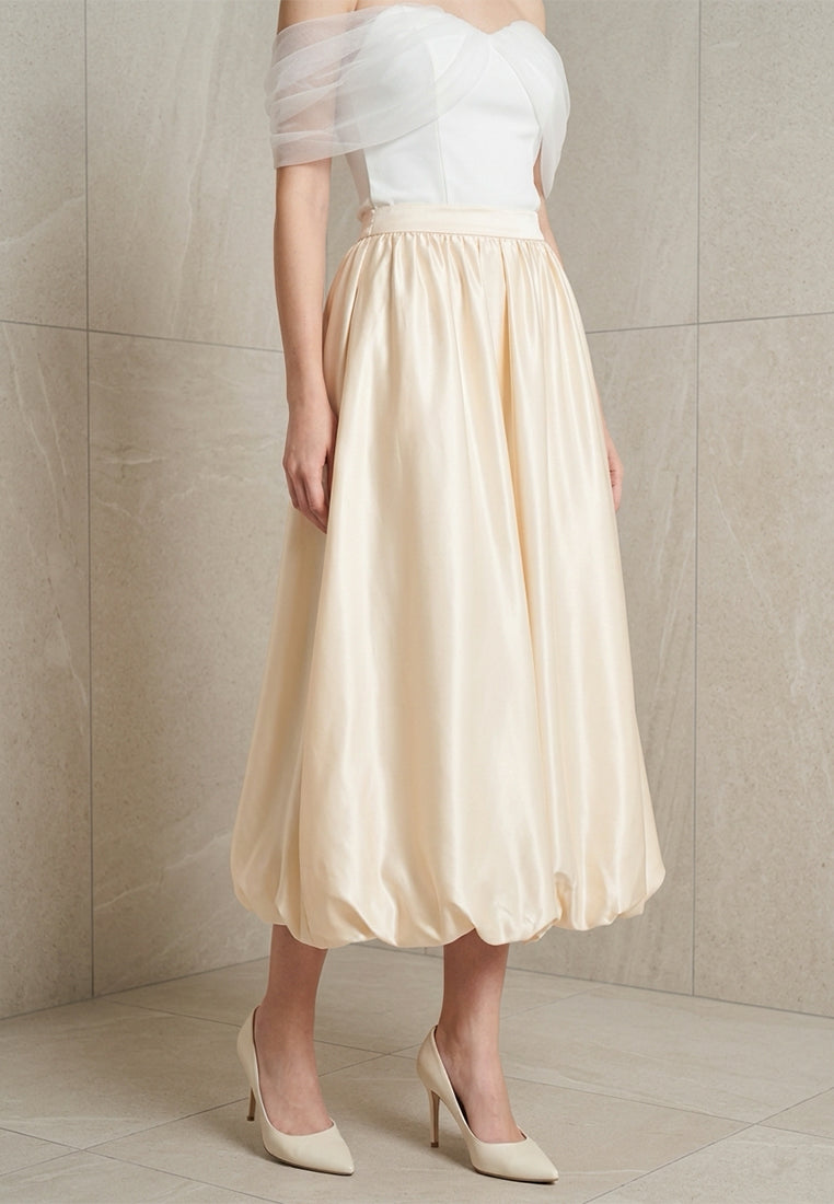 BebeBeige Satin High-Rise Puff Hem A-Line Midi Skirt