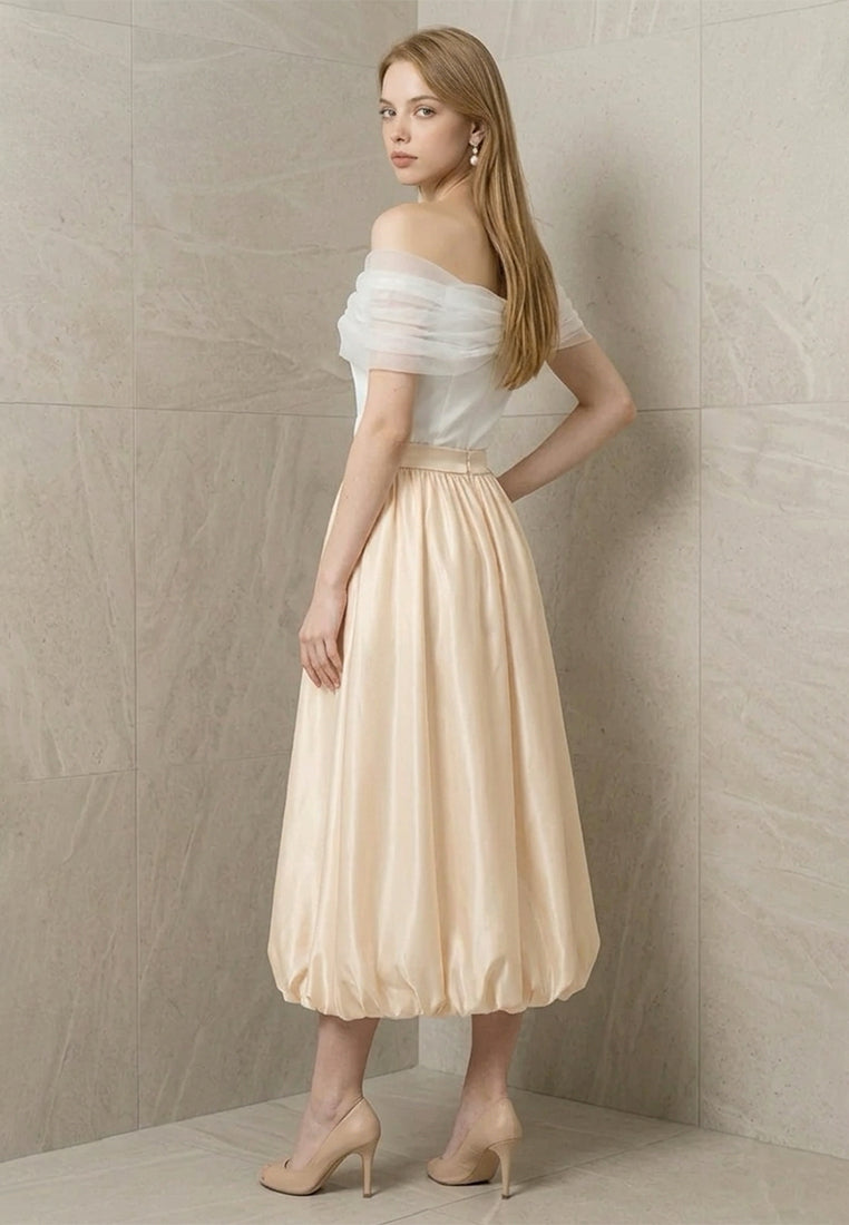 BebeBeige Satin High-Rise Puff Hem A-Line Midi Skirt