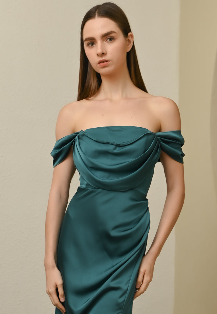 BebeBeige Off Shoulder Silk Dinner Dress