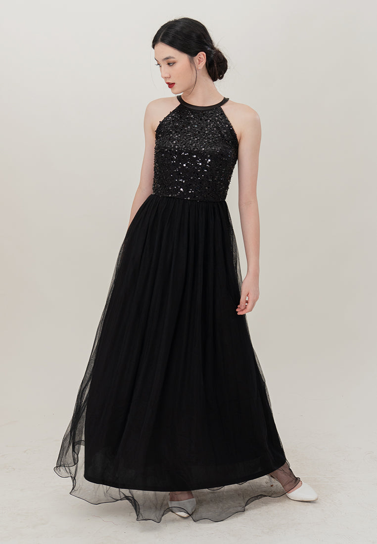 BebeBeige Halter Neck Sequins Mesh Maxi Long Dinner Dress