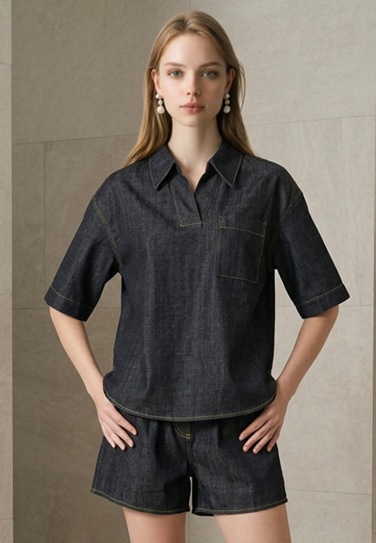 Plain B. Minimalist Indigo Denim Shirt & Shorts Matching Setwear