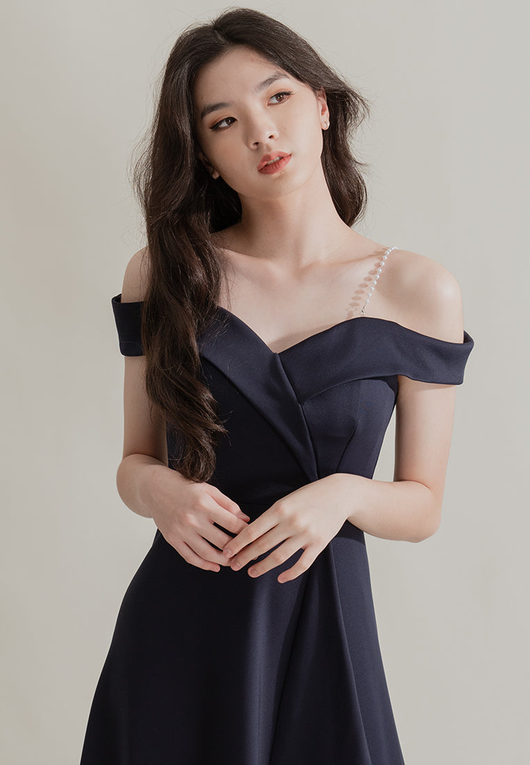 BebeBeige Off Shoulder Polyester Flared Midi Dinner Dress
