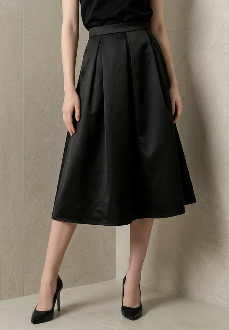 BebeBeige Classic Satin Flare Midi Skirt
