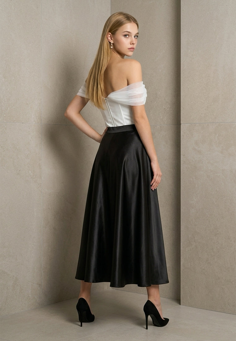 BebeBeige High-Waisted Satin Flared A-Line Midi Skirt