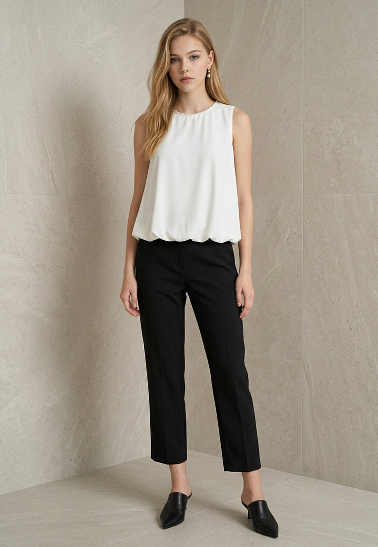 BebeBeige Sleeveless Bubble-Hem Crepe Top with Beaded Pearl Neckline