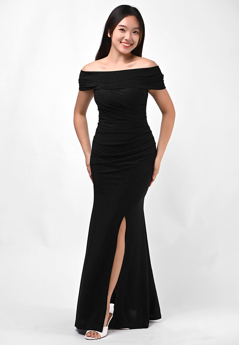 BebeBeige Off-shoulder Glitter Dinner Dress