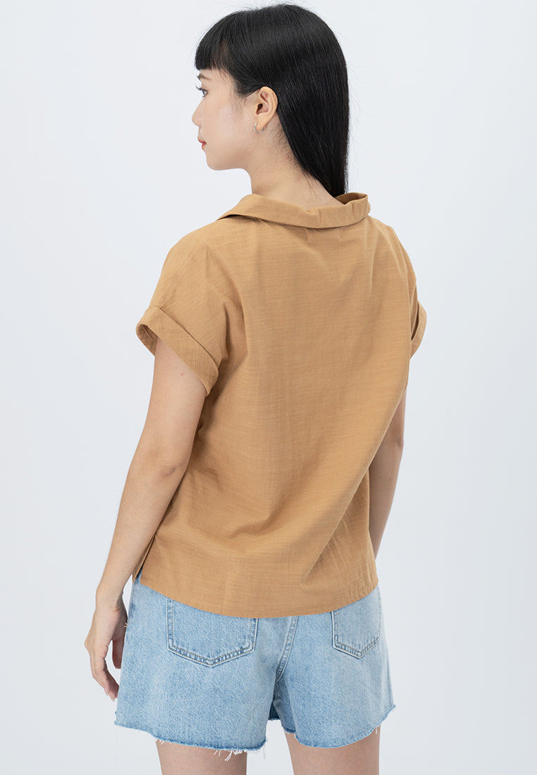 Plain B. Collar Short Sleeve Polyester Button Shirt Top Black