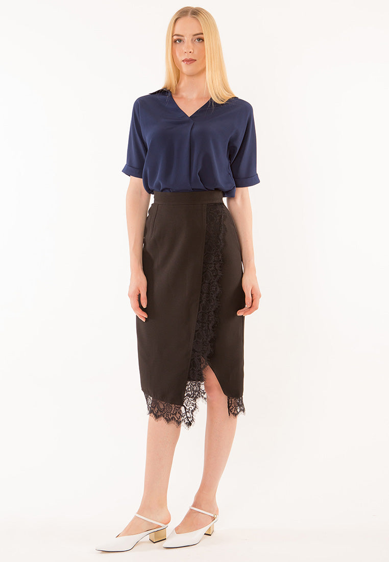BebeBeige Collar Folded Short Sleeve Blouse Top