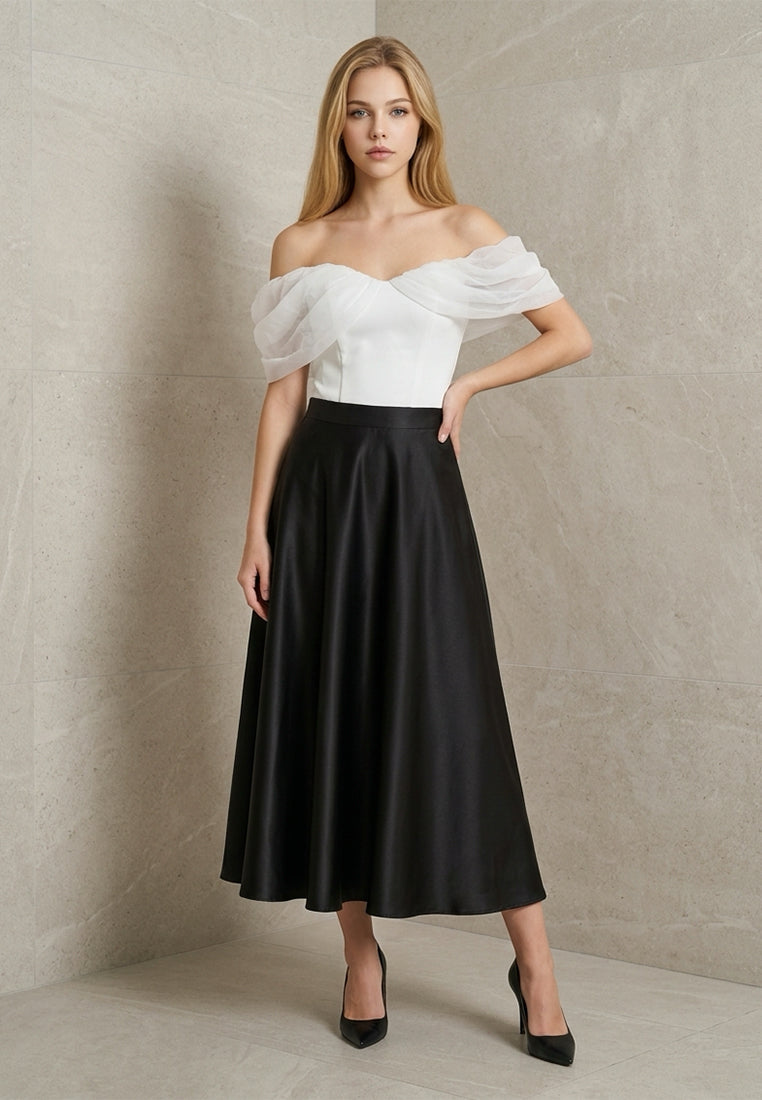 BebeBeige High-Waisted Satin Flared A-Line Midi Skirt