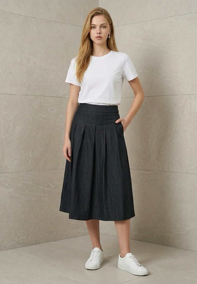 Plain B. A-Line Pleated Denim Midi Skirt