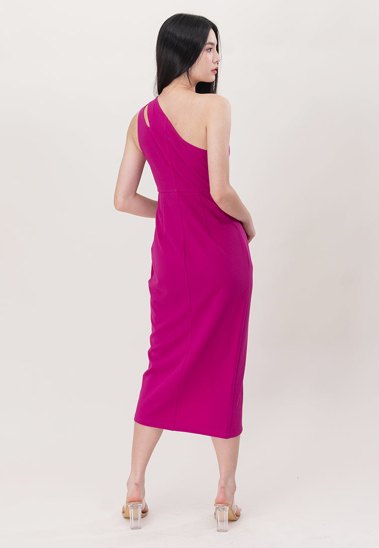 BebeBeige One Shoulder Polyester Slit On Midi Dinner Dress