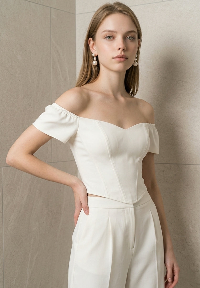 BebeBeige Off Shoulder Sweetheart Corset Top with Cap Sleeves