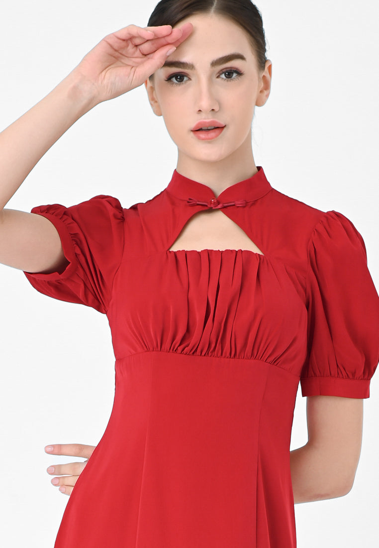 BebeBeige Chinese Collar Midi Dress