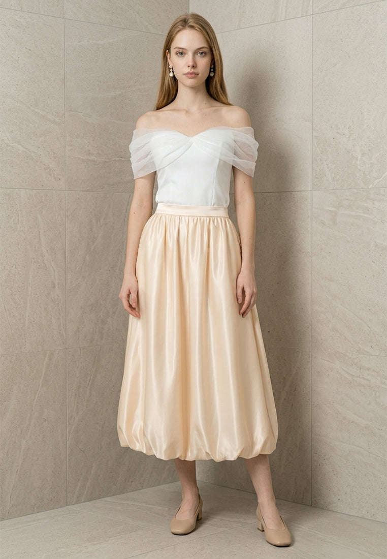 BebeBeige Satin High-Rise Puff Hem A-Line Midi Skirt