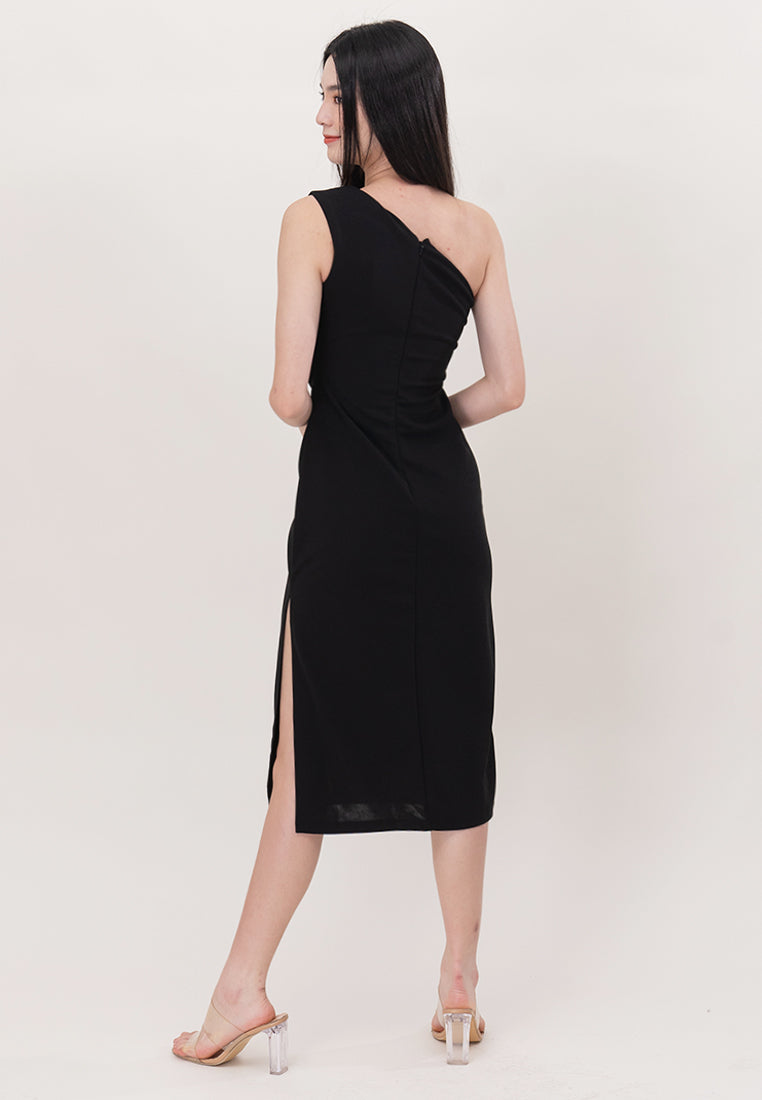 BebeBeige Polyester One Shoulder Slim Fit Midi Dinner Dress