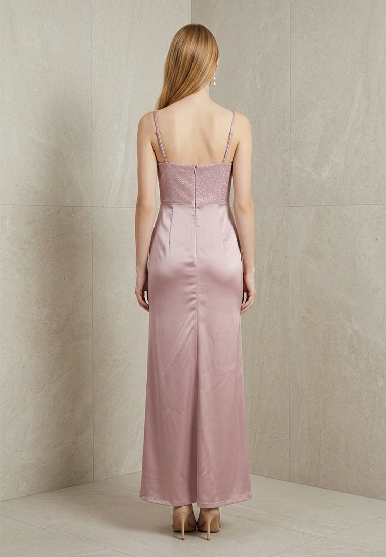 BebeBeige Glitter Corset Satin Maxi Dress