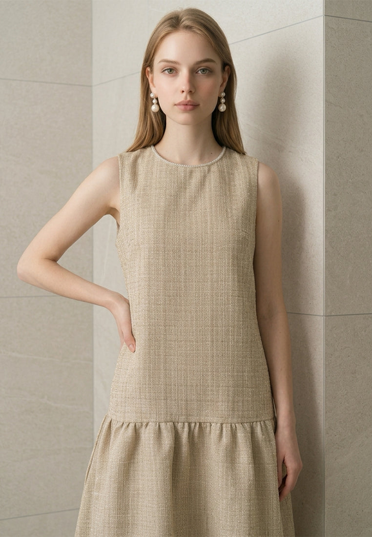 BebeBeige Elegant Sleeveless Pearl Trim Tweed Dress
