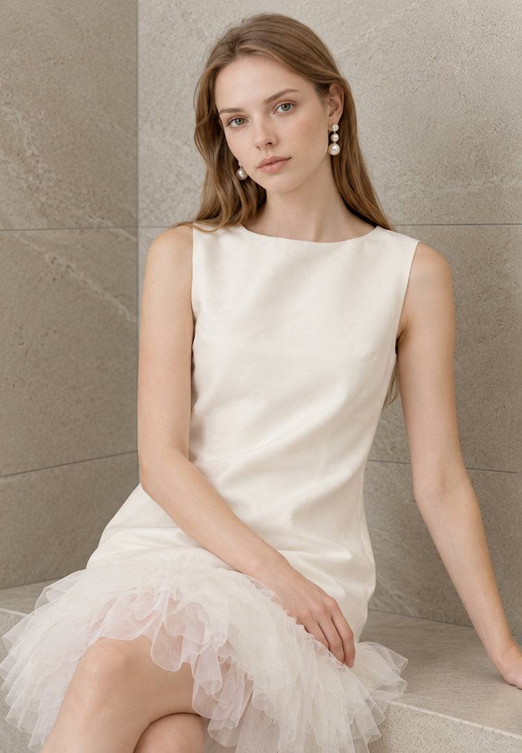 BebeBeige Drop-Waist Tulle Ruffle Mini Dress