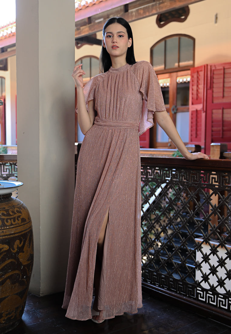 BebeButterfly Pleated Metallic Crepe Maxi Dress