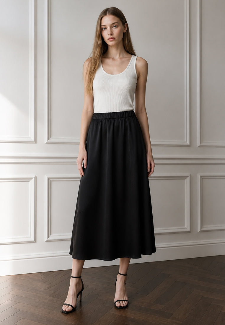 Plain B. Silky High-Rise Elastic-Waist Swing Midi Skirt