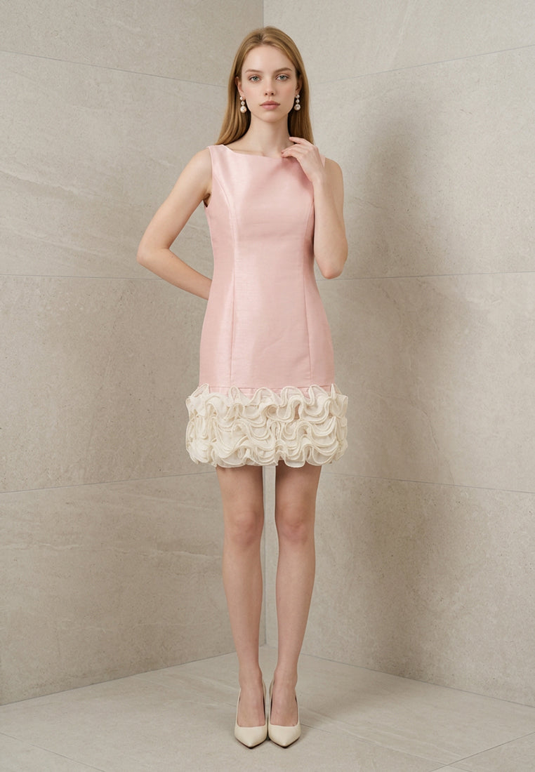 BebeBeige Boat Neck Shift Mini Dress with Textured Ruffle Trim