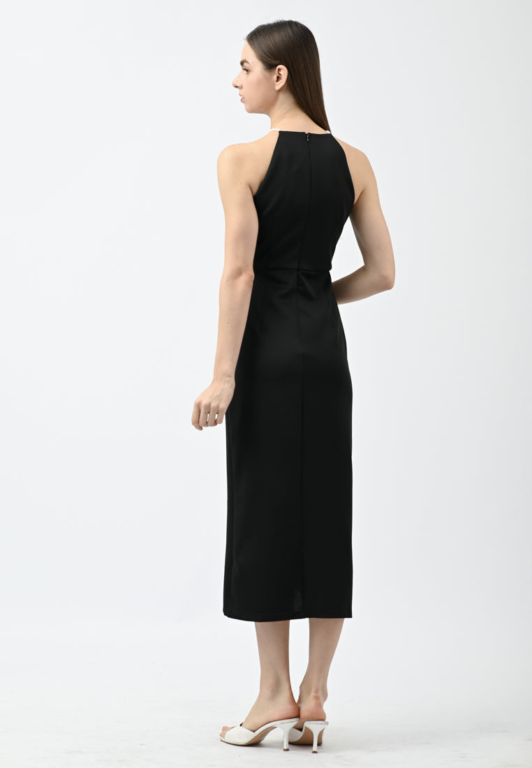 BebeBeige Pearl-Embellished Halter Ruched Tulip Midi Dress