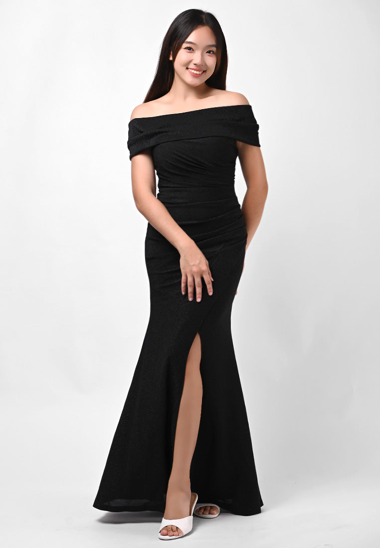 BebeBeige Off-shoulder Glitter Dinner Dress